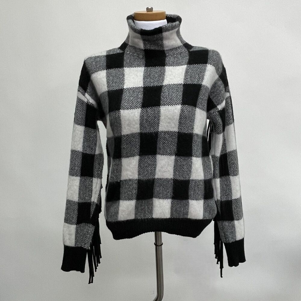 Lauren Ralph Lauren Black Label Mock Turtleneck Sweater Small Black White Fringe